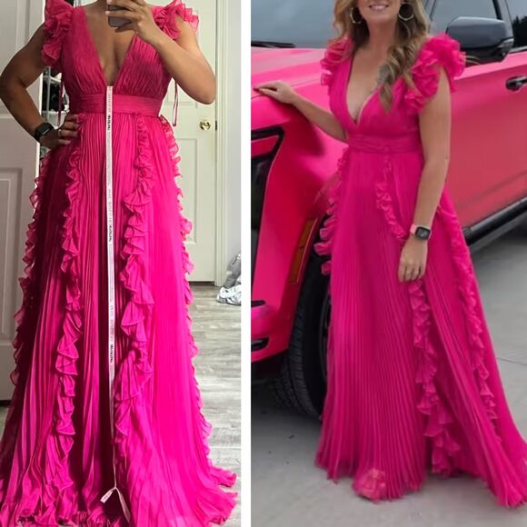 Mac Duggal 49539 Size 12 Pink Pleated Ruffle Ruffles V-Neck Long Maxi Gown Dress - Picture 8 of 8